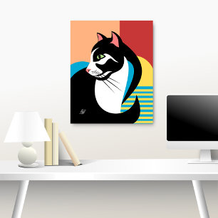 Stylized Black and White Cat Art Poster