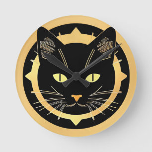 Stylized Black Cat Illustration Round Clock
