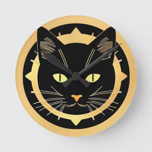 Stylized Black Cat Illustration Round Clock (Front)