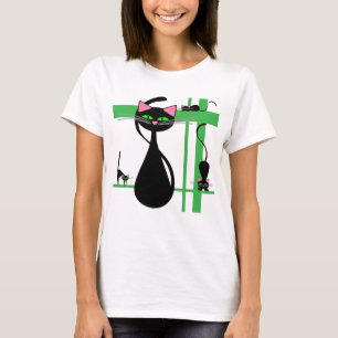 Stylized Black Cats on a Green Grid T-Shirt