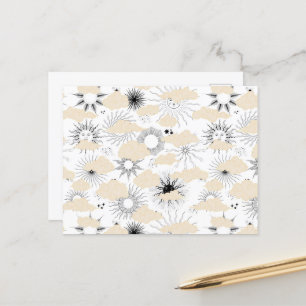 Stylized black suns behind textured tan clouds postcard