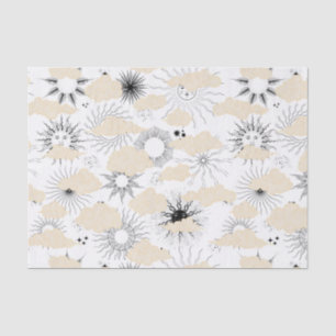 Stylized black suns behind textured tan clouds tissue paper