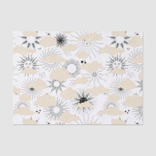 Stylized black suns behind textured tan clouds tissue paper (Front)