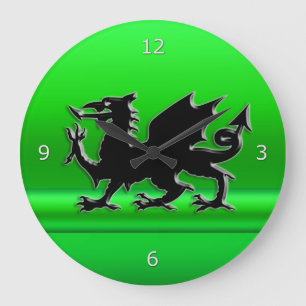 Stylized Black Welsh Dragon, green metallic effect Large Clock