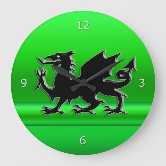 Stylized Black Welsh Dragon, green metallic effect Large Clock (Front)