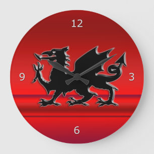Stylized Black Welsh Dragon on red metallic effect Large Clock