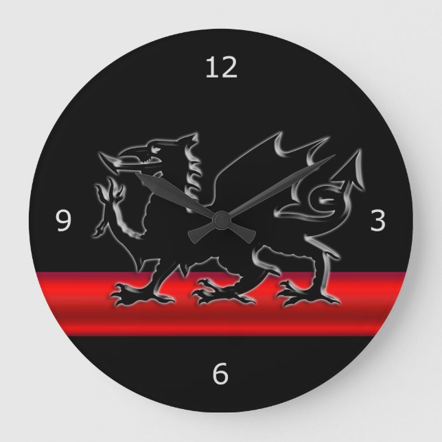 Stylized Black Welsh Dragon, red metallic effect Large Clock (Front)