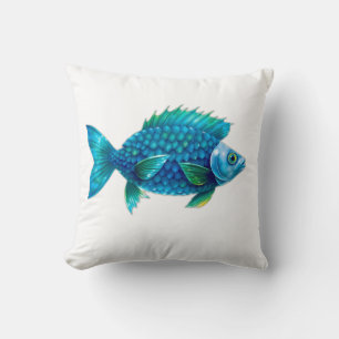 Stylized Blue and Green Fantasy Fish Throw Pillow