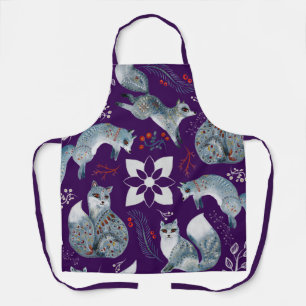 Stylized blue foxes with intricate floral designs Apron