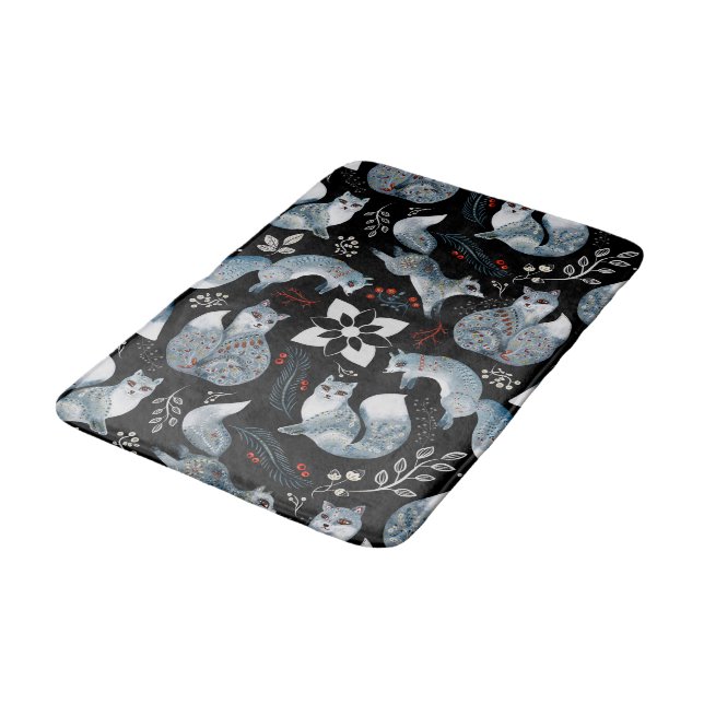 Stylized blue foxes with intricate floral designs Bath Mat (Angled)