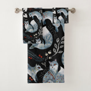  Stylized blue foxes with intricate floral designs Bath Towel Set