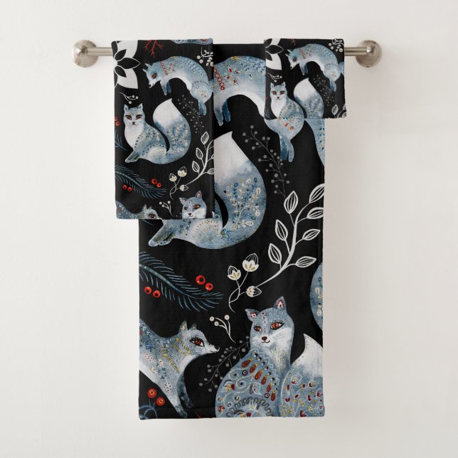 Stylized blue foxes with intricate floral designs Bath Towel Set (Insitu)