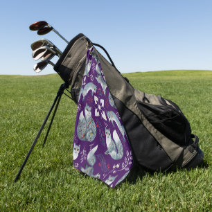 Stylized blue foxes with intricate floral designs Golf Towel