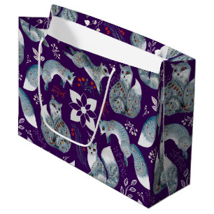 Stylized blue foxes with intricate floral designs Large Gift Bag