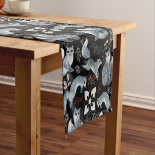 Stylized blue foxes with intricate floral designs Short Table Runner