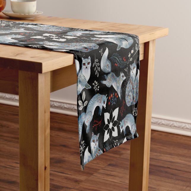  Stylized blue foxes with intricate floral designs Short Table Runner (In Situ)