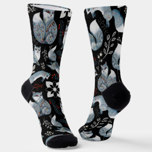  Stylized blue foxes with intricate floral designs Socks