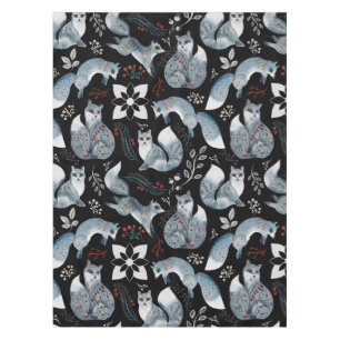 Stylized blue foxes with intricate floral designs Tablecloth