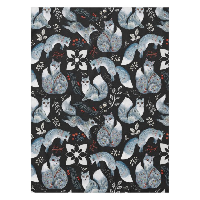  Stylized blue foxes with intricate floral designs Tablecloth (Front)