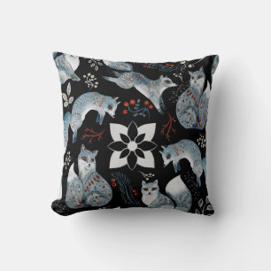  Stylized blue foxes with intricate floral designs Throw Pillow