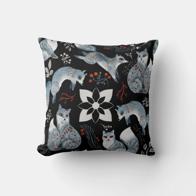  Stylized blue foxes with intricate floral designs Throw Pillow (Front)