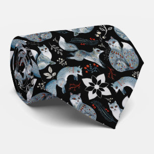 Stylized blue foxes with intricate floral designs Tie