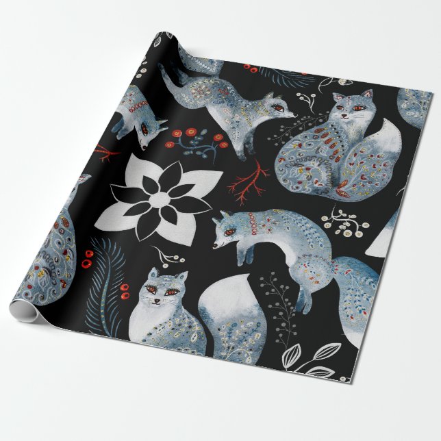  Stylized blue foxes with intricate floral designs Wrapping Paper (Unrolled)