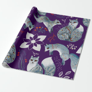  Stylized blue foxes with intricate floral designs Wrapping Paper