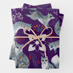 Stylized blue foxes with intricate floral designs Wrapping Paper Sheet