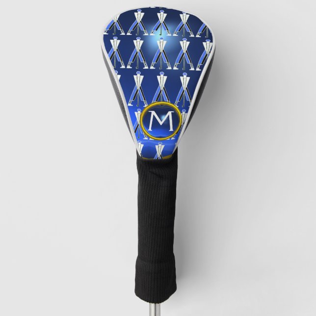 STYLIZED BLUE GOLFER,GOLF PLAYER GEMSTONE MONOGRAM GOLF HEAD COVER (Front)