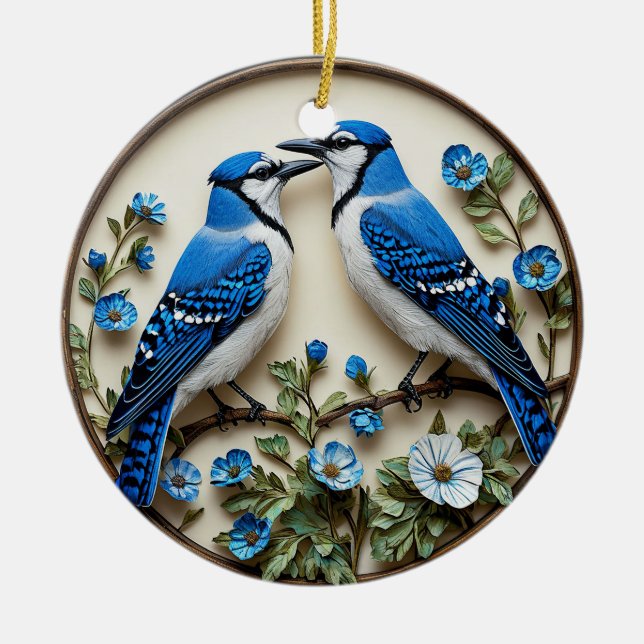 Stylized Blue Jays amid Decorative Botanical Paper Ceramic Ornament (Front)