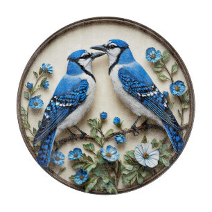 Stylized Blue Jays amid Decorative Botanical Paper Cutting Board