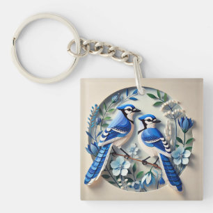 Stylized Blue Jays amid Decorative Botanical Paper Keychain