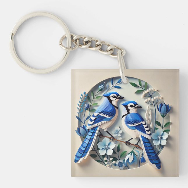 Stylized Blue Jays amid Decorative Botanical Paper Keychain (Front)