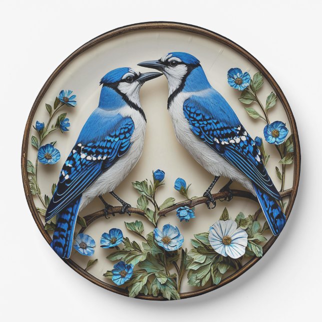 Stylized Blue Jays amid Decorative Botanical Paper Plate (Front)