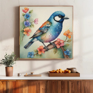 Stylized Bluebird and Blossoms Art Poster