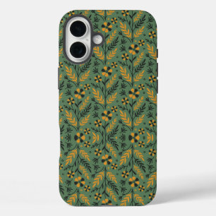 Stylized botanical orange and black floral pattern iPhone 16 plus case