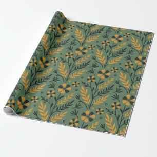 Stylized botanical orange and black floral pattern wrapping paper