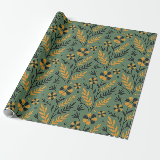 Stylized botanical orange and black floral pattern wrapping paper (Unrolled)