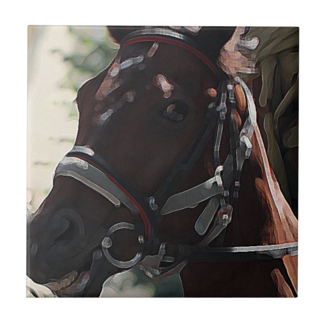 Stylized Brown Horse Smiling Head Sketch Tile (Front)