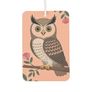 Stylized Brown Owl on Branch with Pink Flowers Air Freshener