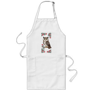 Stylized Brown Owl on Branch with Pink Flowers Long Apron