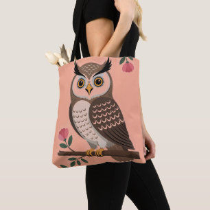 Stylized Brown Owl on Branch with Pink Flowers Tote Bag