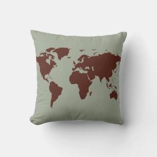 stylized brown world map throw pillow