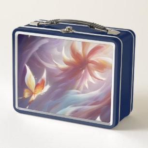 Stylized Butterflies and Flower Metal Lunch Box