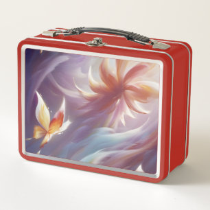 Stylized Butterflies and Flower Metal Lunch Box