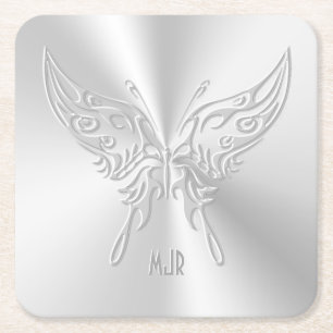 Stylized Butterfly Round Tail, Embossed-effect Square Paper Coaster