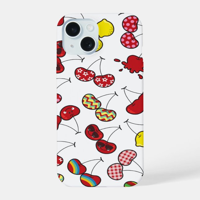 Stylized Cartoon Funny Cheeky Red Cherries Pattern iPhone 15 Case (Back)