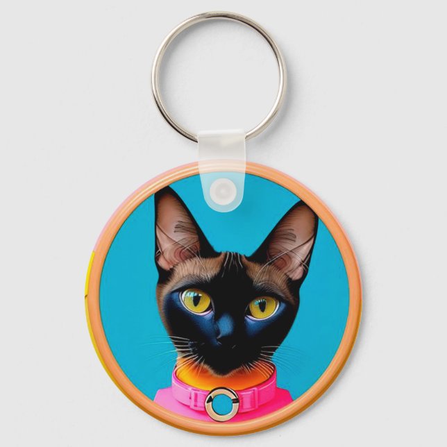 Stylized Cat Portrait With Bold Colours Keychain (Front)