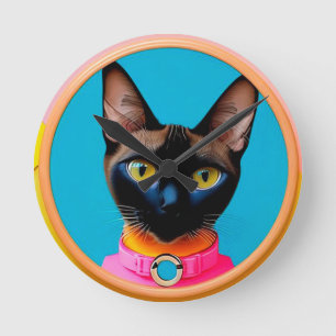 Stylized Cat Portrait With Bold Colours Round Clock